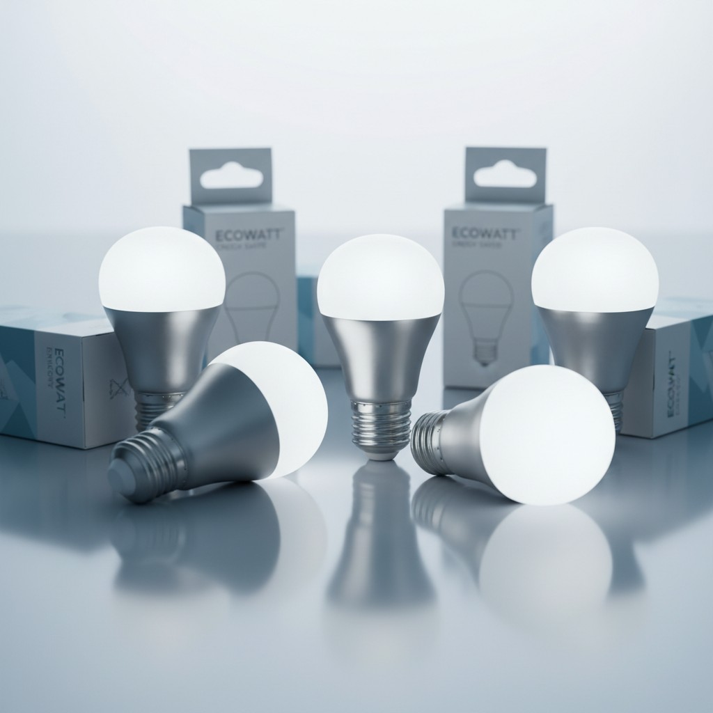 Four smaller bulbs and two larger bulbs. There are two boxes in the backgrounds labelled "Ecowatt". All the bulbs are LED ...