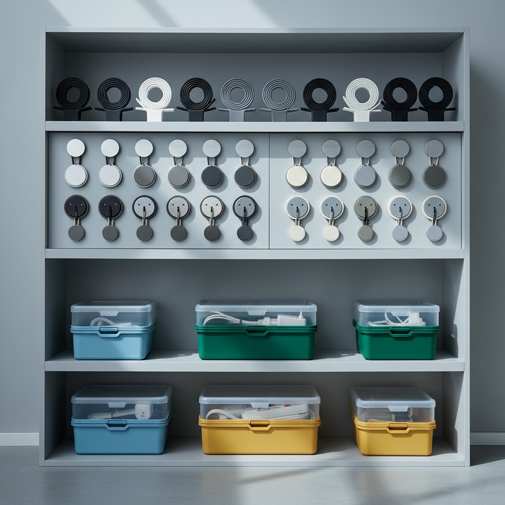 Light-colored coat/shoe/keys rack[/Pictionary category] with mounted hooks above and shelves displaying various indoor ele...