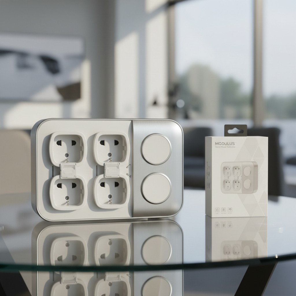 **Step 1: Identify the Image** The image shows a modular power configuration device. **Step 2: Define the alt text for the...