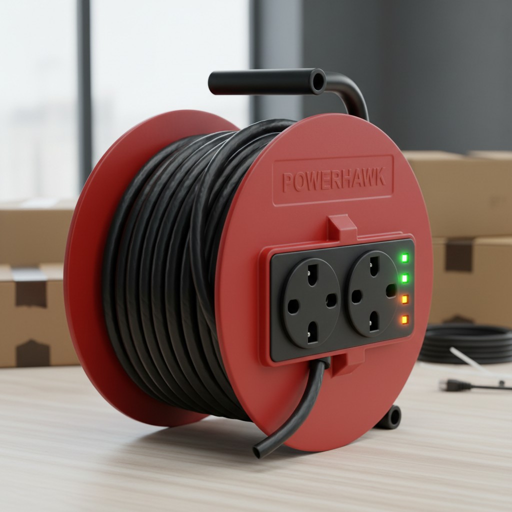 The image is of a typically red and black Power Hawk power supply reel that is likely designed to be used indoors. A Power...